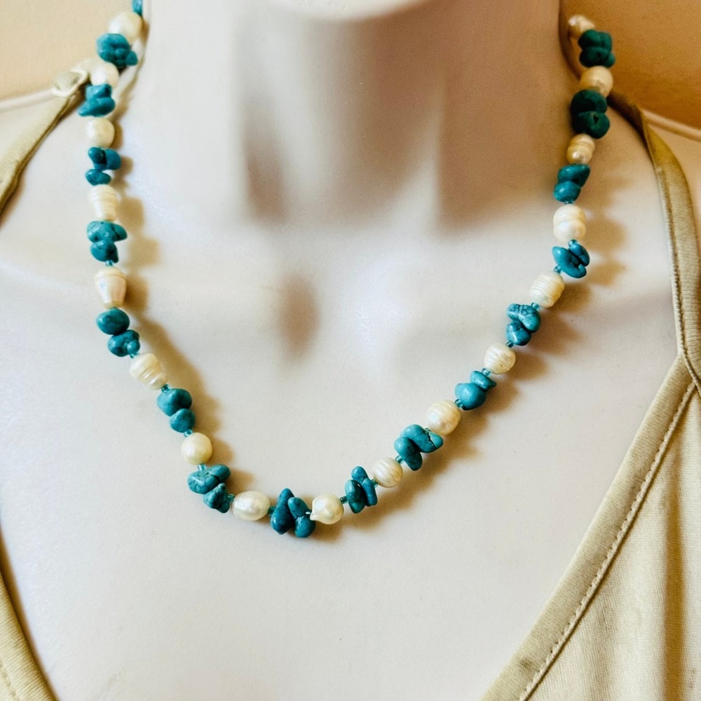 BOHO Turquoise Freshwater Pearl Necklace VtG Genuine Gemstone Beaded 18" Collar